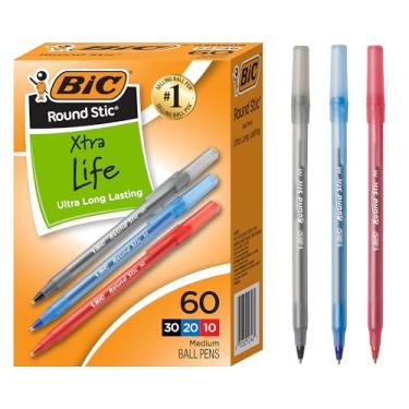 Imagem de BIC Canetas esferográficas redondas Stic Xtra Life sortidas de tinta, ponta média (1,0 mm), pacote com 60 unidades, barril redondo flexível para escrita confortável, canetas esferográficas número 1 em