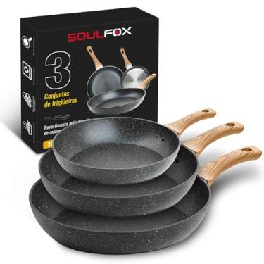 Imagem de Conjunto de Frigideiras Antiaderentes, Com Base de Pedra e Cabos de Madeira, 3 Peças