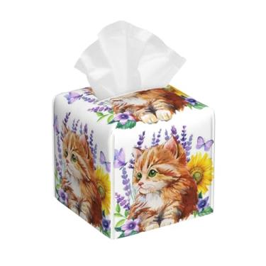 Imagem de Porta-lenços de papel de gatinho fofo, capa quadrada de couro com borboletas de girassol lavanda com cinto inferior, organizador de guardanapo moderno para banheiro, mesa de cabeceira, escritório, 13