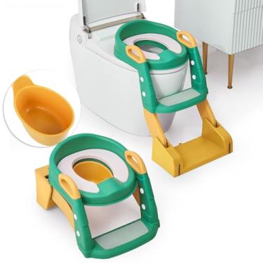 Imagem de Cadeira de treinamento infantil 3 em 1 com escada e bacia para meninos e meninas, assento de treinamento ajustável para vaso sanitário com degraus largos antiderrapantes e alças de segurança (verde)