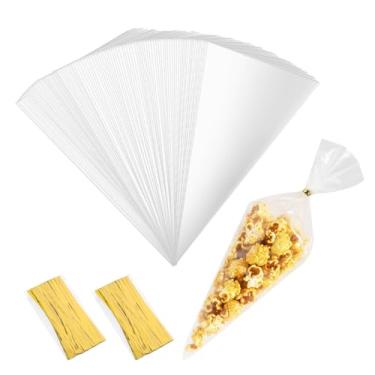 Imagem de 300 unidades de sacos de guloseimas transparentes em forma de cone de plástico em forma de celofane para doces de festa - 16 x 30 cm