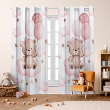 Imagem de Cortina Infantil Decorativa, 300x220cm, Poliéster, 2 Folhas, Estampada, para Quarto de Bebê e Criança (URSINHA NUVEM ROSA)