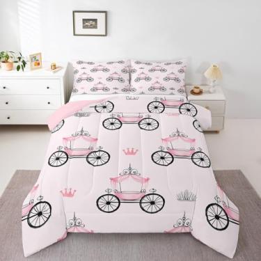 Imagem de Conjunto de edredom de carruagem de conto de fadas, tamanho casal, 3 peças, decoração de coroa de princesa fofa para crianças, meninas, adolescentes, estilo romântico, conjunto de edredom feminino