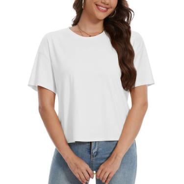 Imagem de Blusa curta feminina YUCOLEN de verão UPF50+, folgada, branca, 3GG