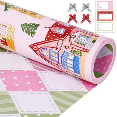 Imagem de EWES Conjunto de rolos de papel de embrulho de Natal rosa, embrulho de presente infantil, padrão com casa colorida, cidade, floco de neve, xadrez reversível, total de 28,5 m²