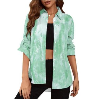 Imagem de Blusa Deer Lady Button Down com decote em V e manga comprida para mulh