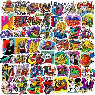 Imagem de Pacote de adesivos Retro Graffiti, 50 unidades, câmera vintage, comidas e citações