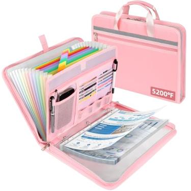 Imagem de Organizador de documentos à prova de fogo de 2,871 °C com 13 pastas expansíveis sanfonadas, fichário com zíper de folha de alumínio com 30 protetores de folha A4/letras, fichário para escola