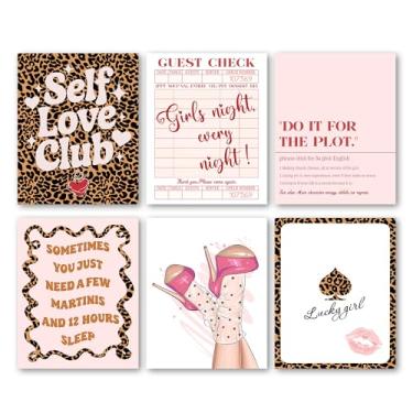 Imagem de Bgohrd Conjunto de pôster rosa, estampa de pôquer de salto alto de leopardo rosa para decoração de sala de estar, pôster de pintura positiva moderna para quarto de dormitório de meninas adolescentes