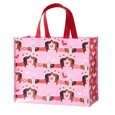 Imagem de WRAPAHOLIC Bolsa de presente reutilizável para dia dos namorados grande de 33 cm com alças - Pink Kiss Dachshund Gift Bag para Dia dos Namorados, casamento e aniversário