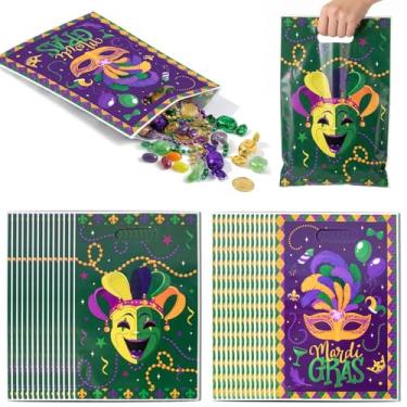 Imagem de On-Airstore 100 peças de sacos de presente de carnaval com alça New Orleans Carnaval doces biscoitos guloseimas para mantas padrão de máscara roxo verde saco para lembrancinhas de festa de aniversário