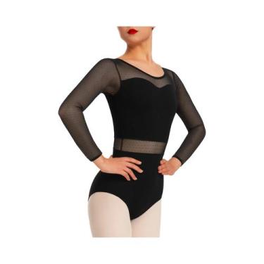 Imagem de Collant de dança feminino para balé oco costas manga longa malha decot