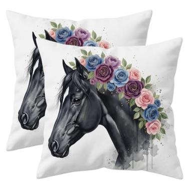 Imagem de HYJ Conjunto de 2 capas de almofada floral de cavalo em aquarela, 45,7 x 45,7 cm, fronhas decorativas de linho branco, dupla face, cavalo preto, para sofá, quarto, fazenda, decoração de casa