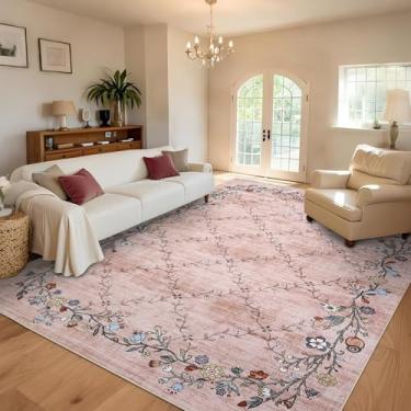 Imagem de GarveeHome Tapetes florais laváveis 22 x 30,5 cm para sala de estar: tapetes florais modernos antiderrapantes para quarto, grande lavável à máquina, sala de estar, tapete de pelo baixo com suporte