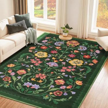 Imagem de Tapete lavável, tapetes de área de 10 x 15 cm para sala de estar, tapete floral para quarto, macio boho antiderrapante com parte traseira de borracha, tapete floral vintage resistente a manchas de