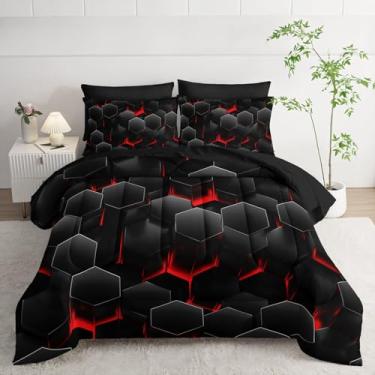 Imagem de Smell Sunshine Jogo de cama com estampa de cubo poligonal vermelho claro e preto com 1 edredom, 1 lençol de cima, 1 lençol com elástico e 4 fronhas para quarto de meninos e meninas todas as estações