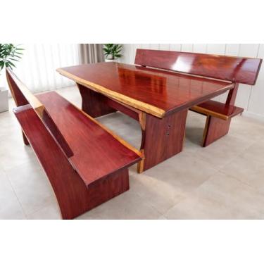 Imagem de Mesa Rústica Jantar Madeira Maciça de Roxão - Tampo(200cm x 85cm x 5cm) com 2 Bancos Laterais com Encosto Tampo(200cm X 36cm x 4cm) – Pes Formato Taça - Acabamento Verniz Auto Brilho - 6 a 8 lugares