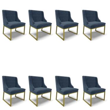 Imagem de Cadeira Sala de Jantar Industrial Dourado Kit 8 Liz Suede Azul M D03 -
