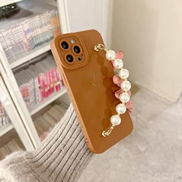 Imagem de Pulseira de contas de pérolas pulseira de mão para iphone 13 12 11 pro max 7 8 plus xr xs x se 2 quadrado fosco capa de silicone, marrom, para iphone 7 plus