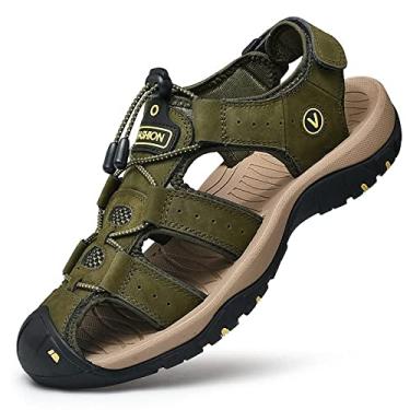 Imagem de Sandálias atléticas masculinas, sandálias de trekking - bico fechado caminhadas ao ar livre sandálias de couro antiderrapante sapatos casuais de água de praia (cor: verde exército, tamanho: 42)