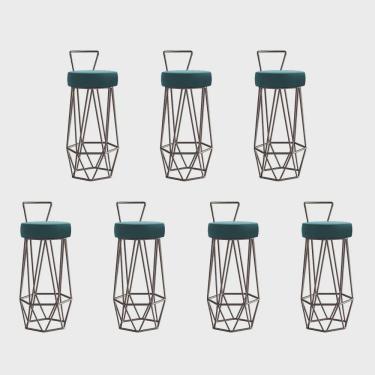 Imagem de Kit 07 Banqueta Com Encosto Botti Hexágono Cozinha Bar Ferro Marrom Suede Azul Turquesa - Ahz Móveis