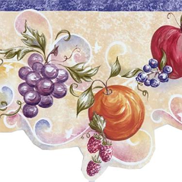 Imagem de CONCORD WALLCOVERINGS ™ Papel de parede com padrão de frutas, maçãs, peras, laranjas, uvas, bagas, borda cortada para cozinha de casa de campo, sala de jantar, azul, creme, vermelho, verde, amarelo,