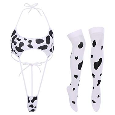 Imagem de Conjunto de lingerie feminina sexy de vaca leiteira kawaii anime empregada cosplay mini biquíni dálmata leopardo sutiã body com gargantilha de sino meias roupa íntima japonesa roupa de dormir conjunto