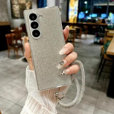 Imagem de Capa com revestimento de corrente de pulso com diamante brilhante para Samsung Galaxy Z Fold 7 6 5 4 Fold7 Zfold Fold6 Pulseira à prova de choque (para Galaxy Z Flip7/SilverSL)