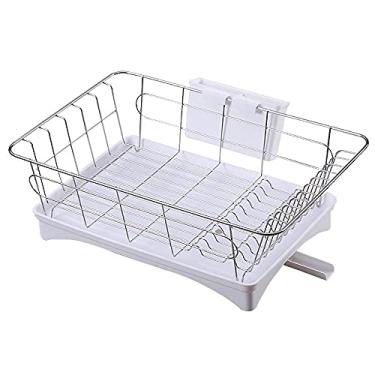 Imagem de BSNANCA Escorredor de louça, escorredor de pratos de aço inoxidável, duas cores com placa de drenagem, bandeja coletora, escorredor de pia de prateleira superior, suporte de talheres para cozinha