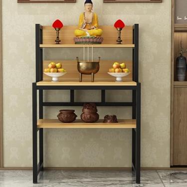 Imagem de Mesa de oferta do Santuário de Buda - Altar de meditação de nogueira com estátua de Buda, suporte de incenso e armazenamento doméstico, 80 cm/31,5 pol. - Perfeito para práticas espirituais e decoração