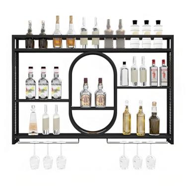 Imagem de Rack de vinho industrial montado na parede, prateleira de barra de metal de 3 camadas com suporte de vidro, exibição de garrafa de licor flutuante para bar doméstico, grande organizador de