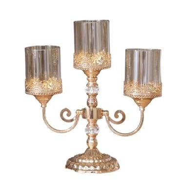Imagem de CFGH6FDF Castiçal de metal luxuoso de vidro de três cabeças castiçal vintage sala de estar mesa de jantar decoração suporte de vela ornamento suporte à luz de velas