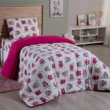 Imagem de Edredom Fantasy Solteiro 01 Peça Infantil Tecido Malha 100% Algodão Macio Dupla Face - Coruja Rose
