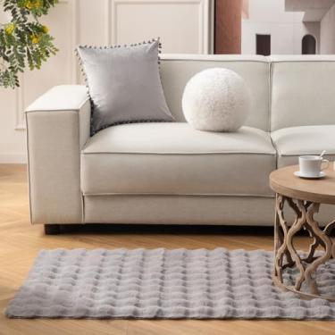 Imagem de Ashler Tapete de pele de coelho sintético para o Natal, cinza claro 1,2 x 1,8 m, tapete felpudo retangular lavável à máquina para sala de estar, quarto, berçário - em forma de bolha 3D