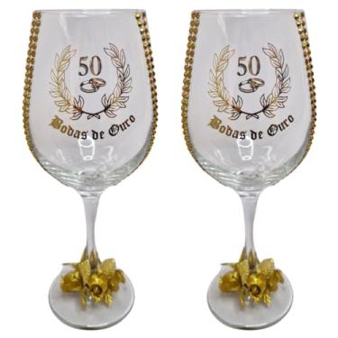 Imagem de Kit 2 Taças Vidro Bodas de Ouro 50 Anos Rosas + Presente