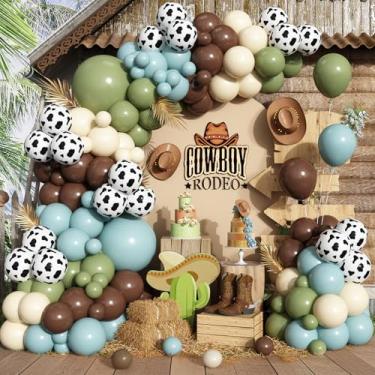 Imagem de Kit de guirlanda de arco de balão de vaca verde azul – 153 peças de balões com estampa verde sálvia, azul, marrom, branco e vaca para vaqueira, caubói, chá de bebê, aniversário, faroeste, decorações