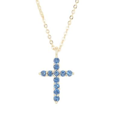 Imagem de RIZILIA Colar feminino com cruz minimalista Time-Honored com zircônia cúbica simulada de água-marinha banhada a ouro 14K - corrente de 45,7 cm pingente Faith - caixa de presente