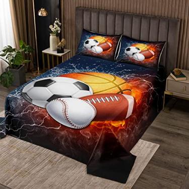 Imagem de Erosebridal Conjunto de colcha esportiva para meninos, tamanho Queen, conjunto de colcha de futebol de beisebol para crianças, adolescentes, basquete, futebol, jogo de bola, jogo de bola, capa de cama