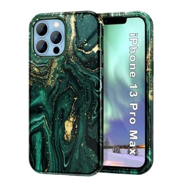 Imagem de Btscase Capa compatível com iPhone 13 Pro Max de 6,7 polegadas 2021, padrão de mármore 3 em 1, resistente, à prova de choque, corpo inteiro, PC rígido e robusto + silicone macio protetor contra quedas para mulheres e meninas, ouro verde