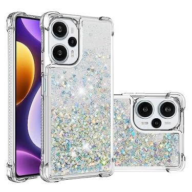 Imagem de Asdsinfor Capa para Xiaomi Poco F5 5G/Redmi Note 12 Turbo, Glitter Liquid Cute Clear Flowing Quicksand TPU com cinto anti-queda bumper canto capa à prova de choque para Xiaomi Poco F5 5G Silver Love