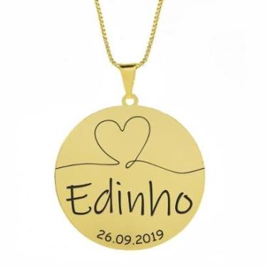 Imagem de Gargantilha Pingente Redondo Personalizado Coração Nome Edinho Banhado Ouro 18K - 999007177-Feminino