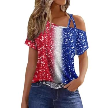 Imagem de Camisetas femininas 4th of July Patriotic American Flag Graphic Tops Sexy One Shoulder manga curta Independence Day Blusas, Azul-celeste, M