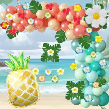 Imagem de Lajeje Tropical Balloon Garland Arch Kit,12", 10", 5" Rose Gold, Blush Blue Balloons with Artificial Palm Leaves, Plumeria, Perfect for Moana Theme Birthday, Baby Shower, Hawaii Luau Party Decorations