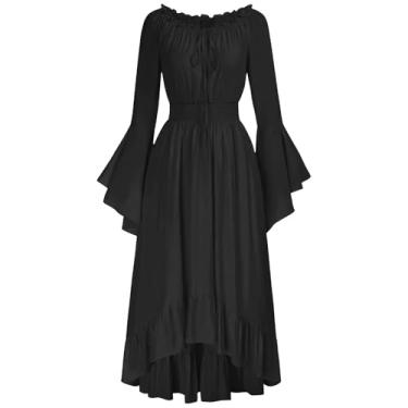 Imagem de Masbird Vestido vitoriano feminino Renascentista Faire fantasia feminina ombro de fora manga sino vestido alto baixo, Preto, M