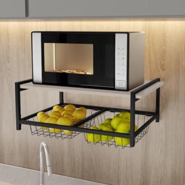Imagem de Fruteira De Parede Com 2 Cestos Aço Estilo Industrial Preto Suspensa Suporte Microondas (MDF Off White)