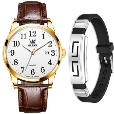 Imagem de Kit Relógio + Pulseira Olevs Dourado Masculino Casual