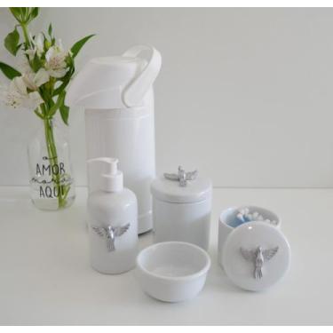 Imagem de kit Higiene Bebê Potes K021 Cotonete Prata Algodão Limpeza Porcelana M