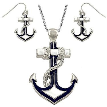 Imagem de Conjunto de colar e brinco com pingente de âncora náutica DianaL Boutique Silvertone 60,96 cm