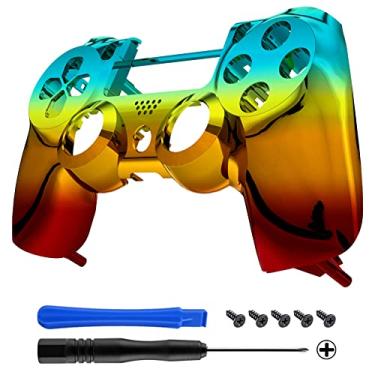 Imagem de eXtremeRate – Placas frontais cromadas para PlayStation 4 PS4 Pro Slim Controller (CUH-ZCT2 JDM-040 JDM-050 JDM-055), Chrome Cyan Gold Red