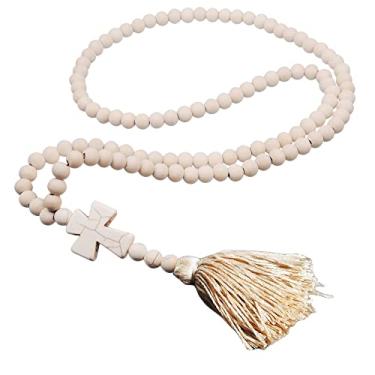 Imagem de COLORFUL BLING Colar de franja de borla longa de madeira natural boêmio feito à mão étnico coração da paz pingente de cruz colar com contas para mulheres suéter corrente joias, Metal Metal contas,